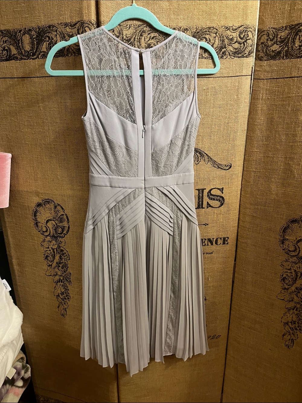 BCBG Maxazria 20s Style Elegant Lace-Panel Sleeveless Pleated Dress - Light Gray - Picture 4 of 4